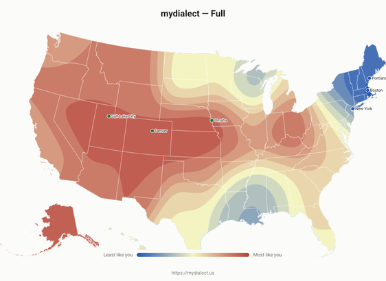 Map of the USA, with bands of colors ranging from blue for "least like you" to red for "most like you". The reddest parts are the middle mountain to great plains area: Nevada, Utah, Colorado, and Nebraska, as well as the tri-state area of Indiana, Kentucky, and Ohio. The bluest area is New England.
