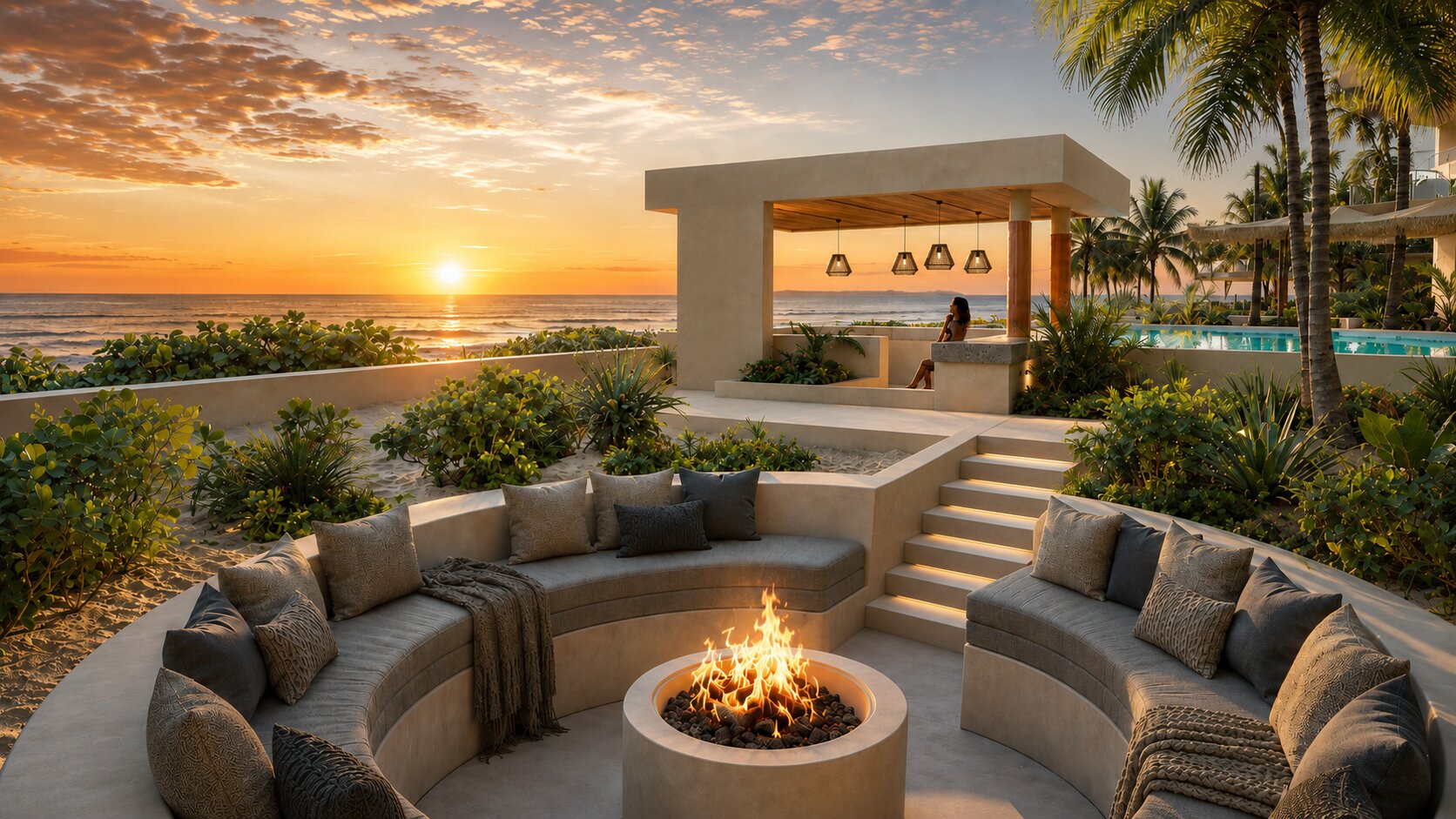 Firepit lounge at sunset — Arrecife Sisal