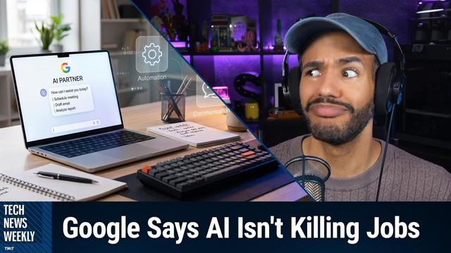 Split-screen thumbnail showing a laptop with a Google "AI Partner" chat offering tasks like "Schedule meeting, Draft email, Analyze report" beside a headset-wearing presenter making a skeptical face, accompanied by the headline "Google Says AI Isn't Killing Jobs" for a Tech News Weekly segment.