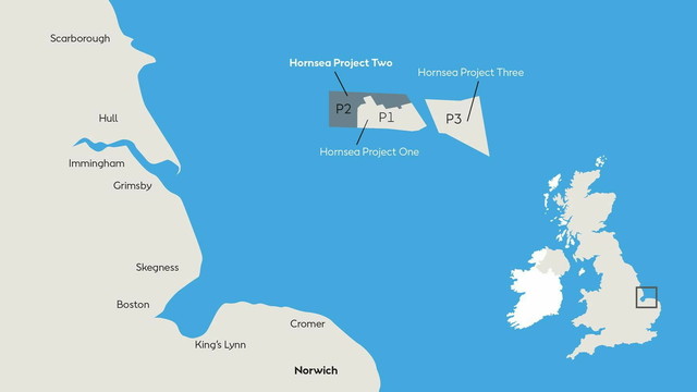 Map showing the location of Hornsea 1, 2, and 3 as a landscape rectangle east of Hull, England 