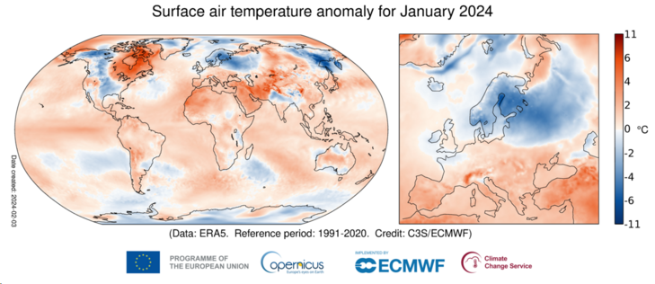 Maps of world and Europe showing anomalies wrt 1991-2020. Warmer in NE-US and E-Canada, N-Africa, M-East. Cooler in W-US N-Europe, E-Siberia.