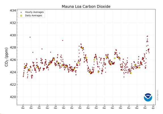 Hourly and daily values of atmospheric CO2 measured at Mauna Loa, varying around 425-426 ppm.