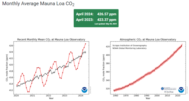 April 2024: 426.57 ppm
April 2023: 423.37 ppm
Plus two graphs showing the Keeling curve: 2020-2024, growing from 413 to 424 ppm. And 1958-2024, growing from 315 to 424 ppm. With seasonal swings.