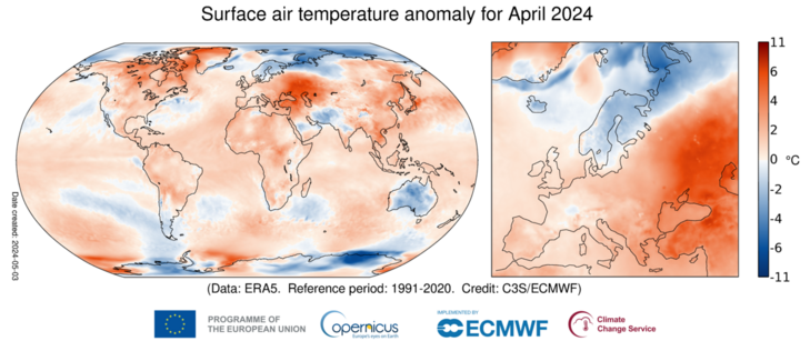 Maps showing anomalies for world and Europe. Strikingly warm in east Europe. 