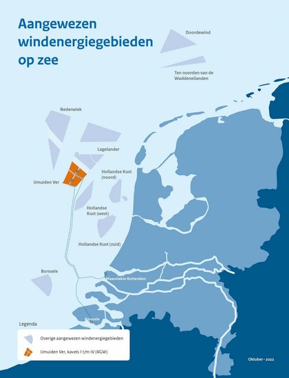 Map showing the location, 60 km West of the North Holland coast, with cables to the Rotterdam area resp Zeeland. 