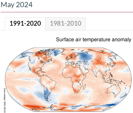 Map showing anomalies compared to 1991-2020, with hot spots e.g. in Scandinavia and Mexico and cool spots in Patagonia and W-Russia
