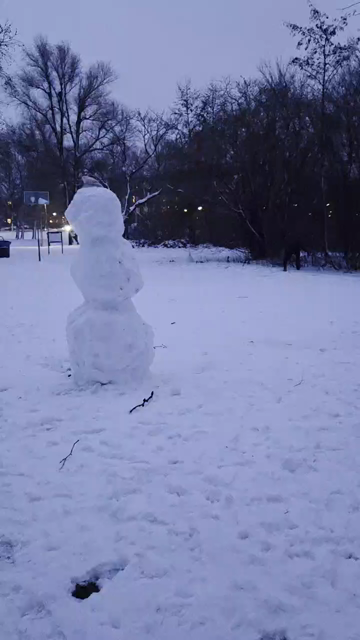 Big snowy field in city park with dozens of snowmen