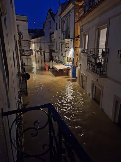 Flooded street in center of town