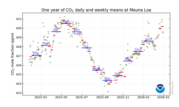 Graph with 13 months of daily, weekly, and monthly values. Seasonal swing plus ongoing rising trend.