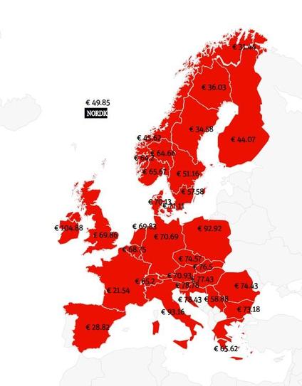 Map with the price of 27 February per country, showing 69.83 for the Netherlands