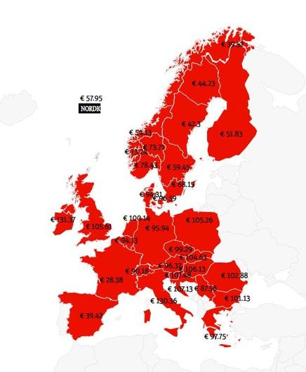Map with price of 3 March per country, showing €100.14 for the Netherlands