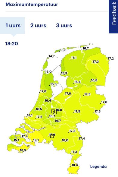 Map showing today's highs, with 16.8C at main met station De Bilt, in the centre.