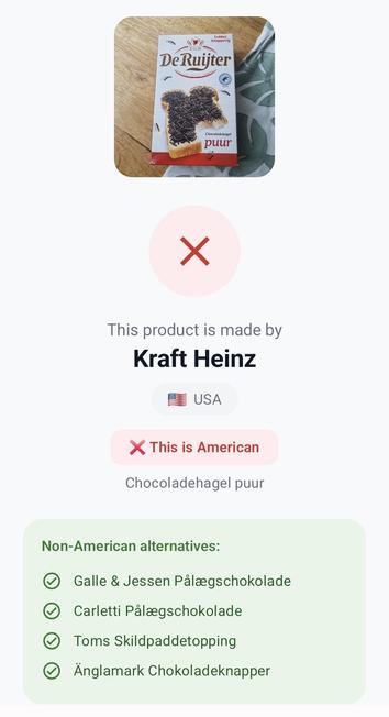 Scanned photo of package with the verdict: This product is made by Kraft Heinz, a red cross, and "This is American".