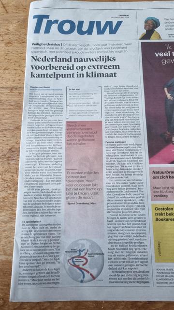 Front page of Trouw newspaper. Headline: the Netherlands are hardly prepared for an extreme climate tipping point