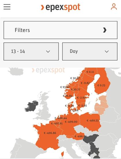 Map showing prices for 1-2 pm, with Germany at -499