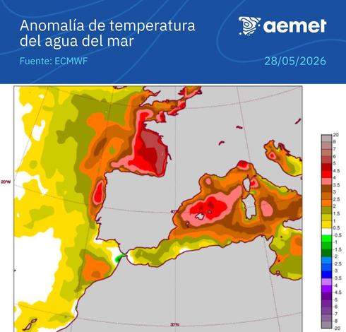 Aemet map showing the sea surface temperature anomalies around Spain with colours
