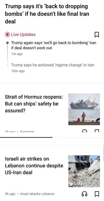 Headlines on ship safety in the Strait of Hormuz, Trump threatening to start bombing Iran again, and Israel continuing to attack Lebanon