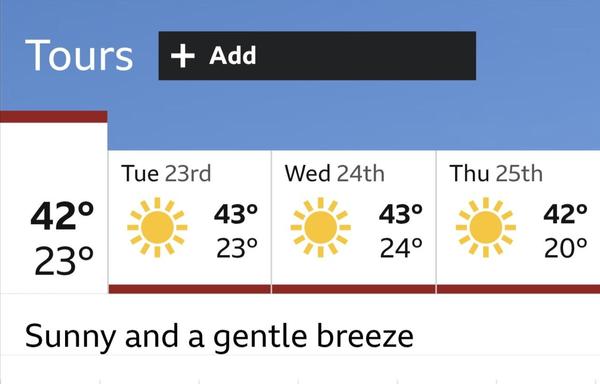 Forecast Mon 42C, Tuesday 43C, Wed 43C, Thu 42C