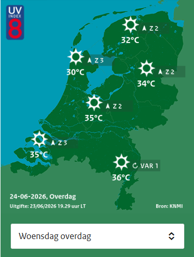 Forecast map for Wednesday, showing high temperatures of 30-36C 