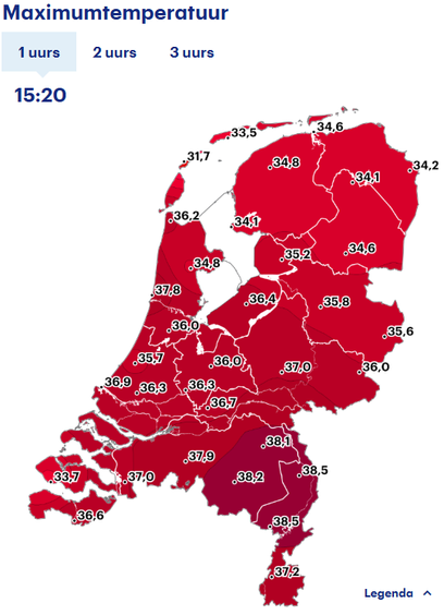 Map showing max temperature so far, ranging from 31.7 on a Wadden island to 38.5 in the southeast.