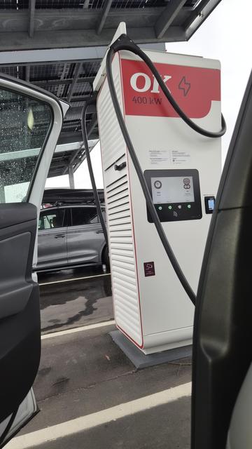 Photo of Danish 400 kW charger taken from inside the car