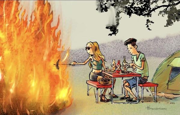 Cartoon of two campers having dinner next to their tent. One of them uses a very close wildfire as a barbecue