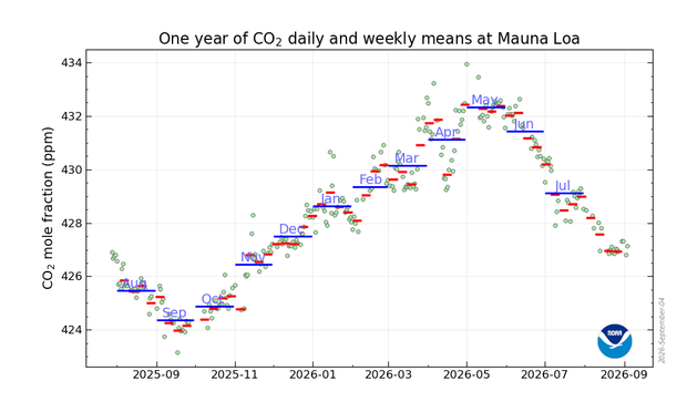13-month graph with daily weekly and monthly averages, showing the seasonal swing with an underlying year-on-year increase.