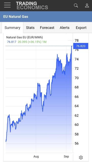 Graph showing continuous increase from 56 €/MWh begin July to 77 now