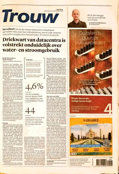 Front page of newspaper Trouw, with headline "Three quarter of datacentres is completely untransparent on energy and water use"