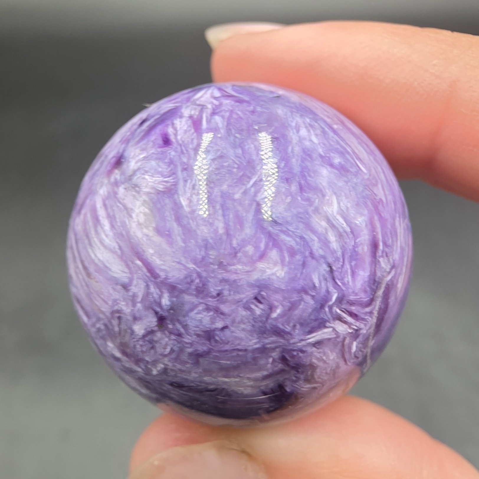 Charoite Mini Sphere ~25mm | Tokko River Confluence, Russia | K5Ca8(Si6O15)2(Si2O7)Si4O9(OH) | Polished Charoite - Image 4