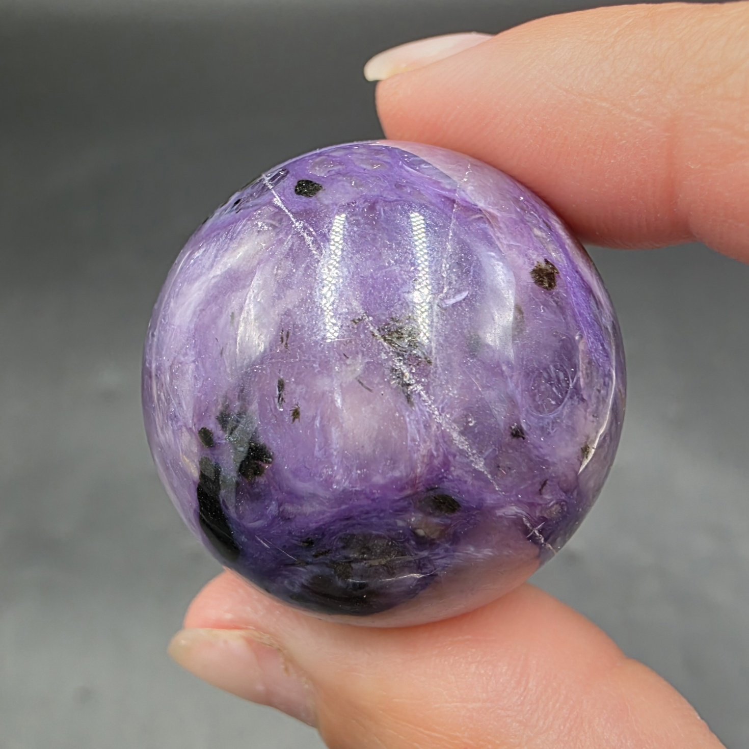 Charoite Mini Sphere ~25mm | Tokko River Confluence, Russia | K5Ca8(Si6O15)2(Si2O7)Si4O9(OH) | Polished Charoite - Image 3