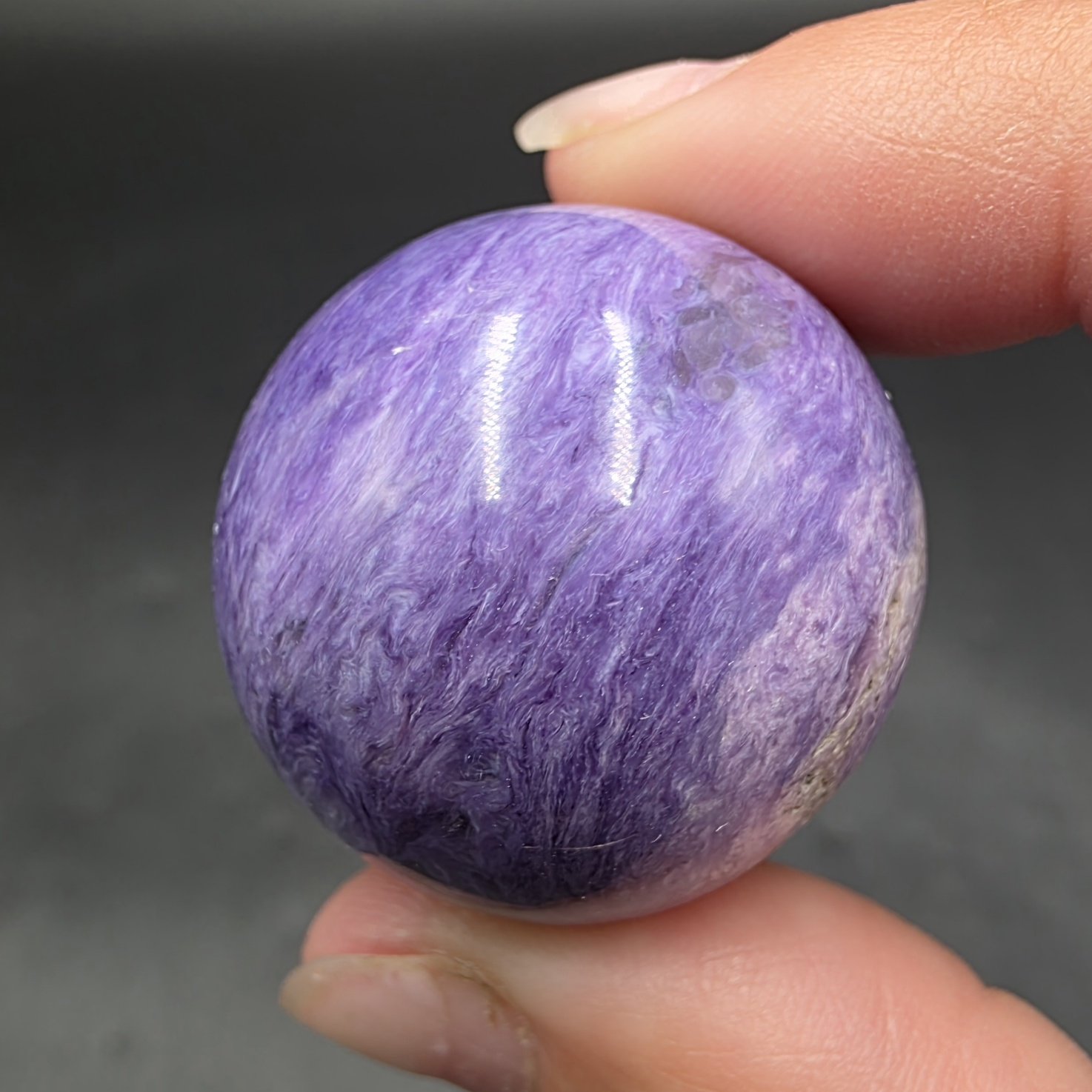 Charoite Mini Sphere ~25mm | Tokko River Confluence, Russia | K5Ca8(Si6O15)2(Si2O7)Si4O9(OH) | Polished Charoite - Image 2