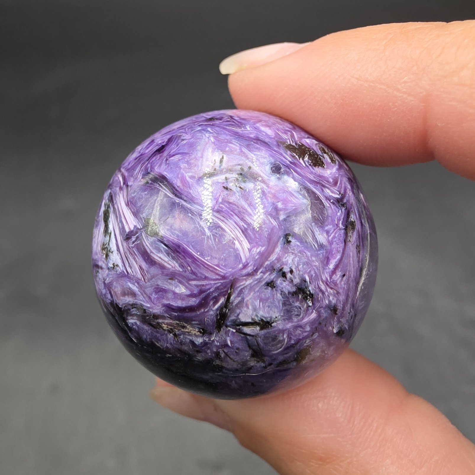 Charoite Mini Sphere ~25mm | Tokko River Confluence, Russia | K5Ca8(Si6O15)2(Si2O7)Si4O9(OH) | Polished Charoite