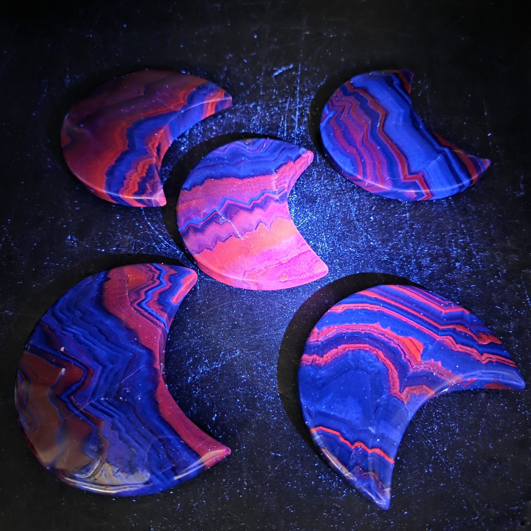 Black Rose Fluorite Moon | China | CaF2 | Red UV Reactive Polished Fluorite