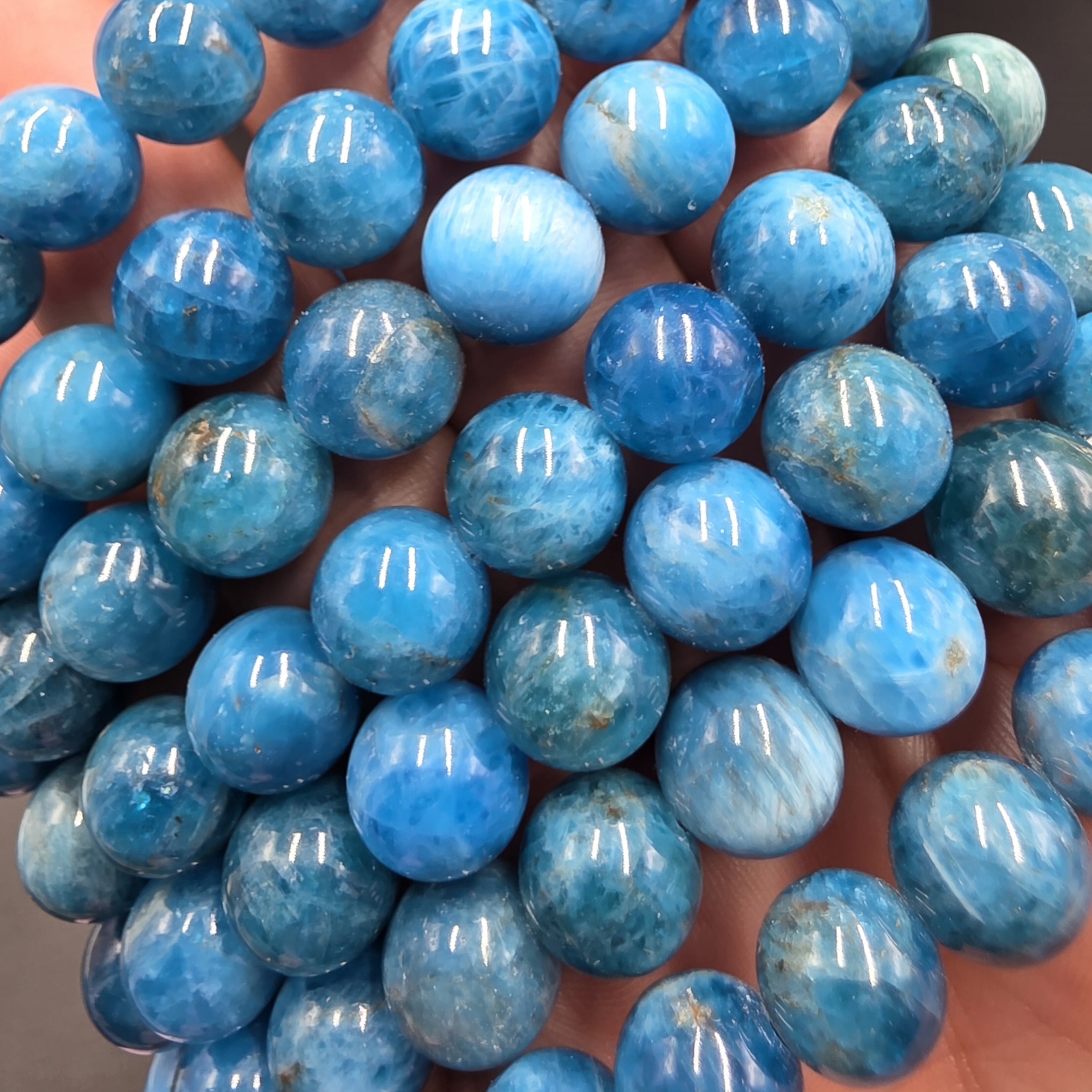 Blue Apatite Bracelet ~10mm Beads | Madagascar | Ca5(PO4)3(OH,F,Cl) | Polished Blue Apatite