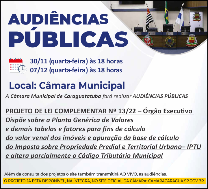 Proposta referente a Planta Genérica de Valores será discutido em audiências públicas