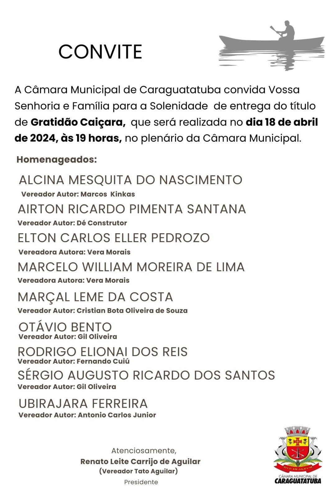 Solenidade para entrega de títulos de Gratidão Caiçara acontecerá no dia 18 de abril