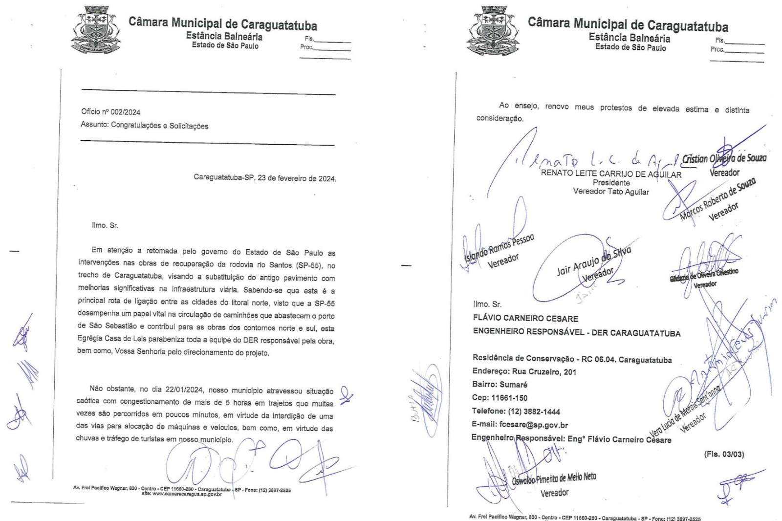 Vereadores encaminham ofício ao DER e cobram alternativas para evitar transtornos na SP-55 durante obras de recapeamento