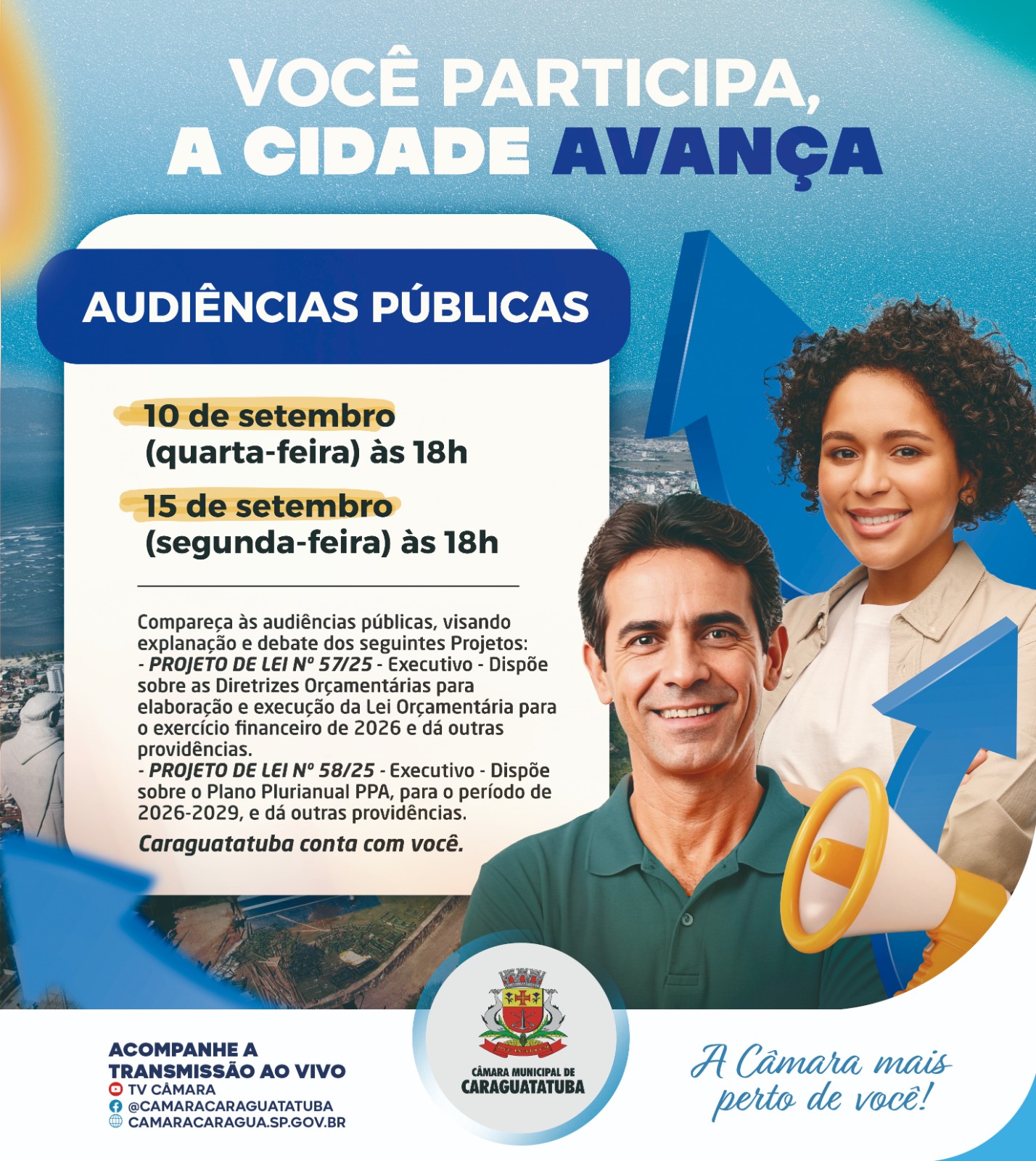 Câmara de Caraguatatuba realiza audiências públicas da LDO 2026 e do PPA 2026-2029 nos dias 10 e 15 de setembro