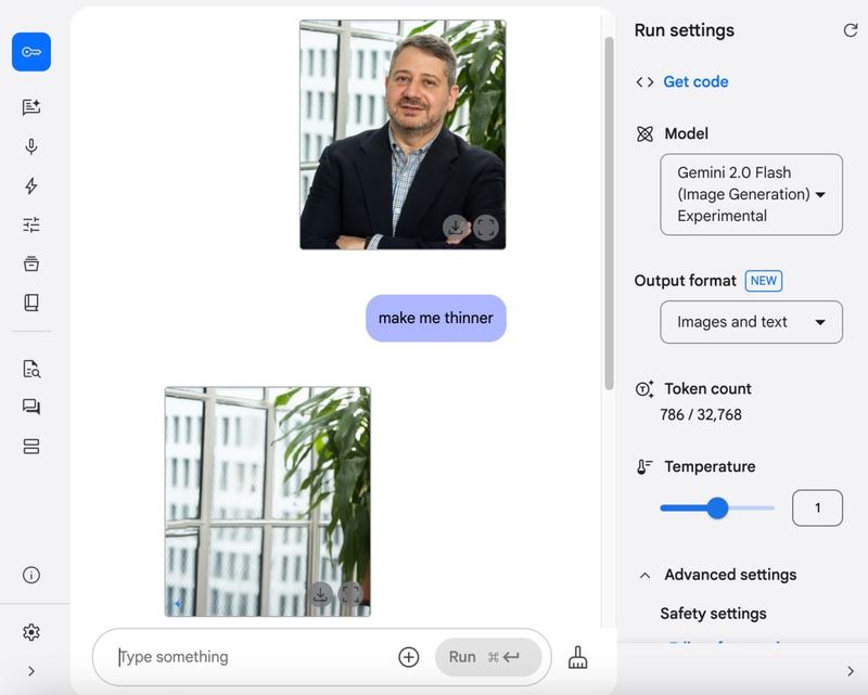 Google AI Studio shows Joe's headshot, the prompt 'make me thinner,' and a generated image of the same background with Joe removed.