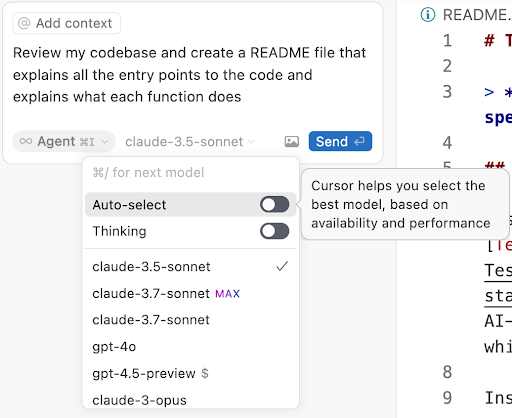 Cursor's model menu shows Claude 3.5 Sonnet selected, with other Claude and GPT models available. Auto-select can choose a model based on availability and performance.