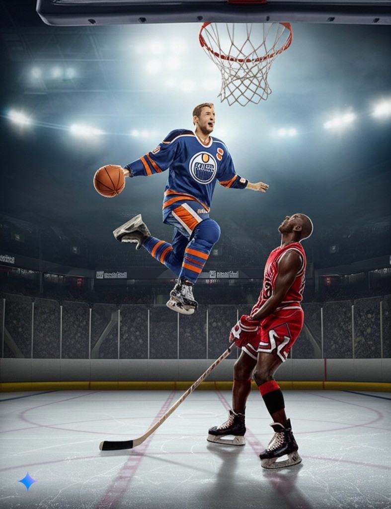Gemini image of a hockey player with a basketball jumping above a Bulls player holding a hockey stick. Both wear skates on an ice rink.
