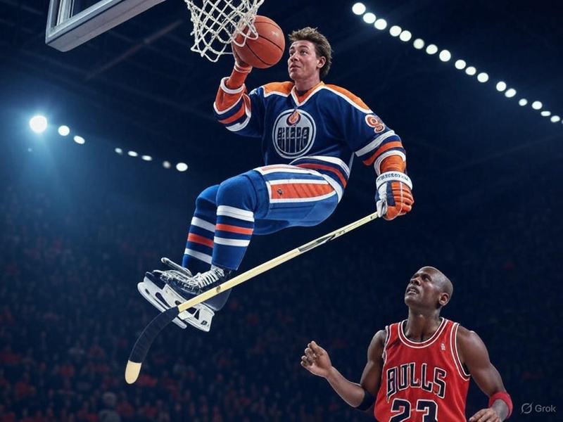 Grok image of a hockey player holding a basketball near a hoop and a hockey stick in his other hand, while a Bulls player wearing number 23 looks up.