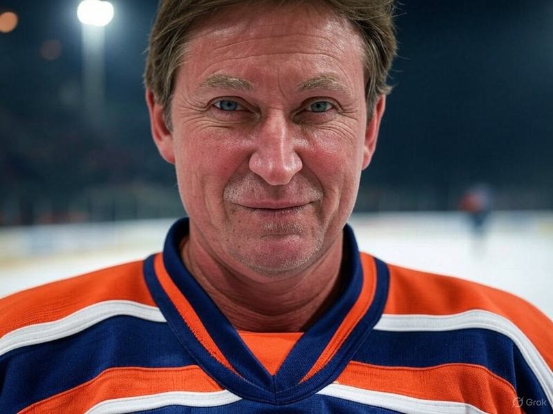 Grok portrait of a man resembling Wayne Gretzky, smiling in an Edmonton Oilers jersey.