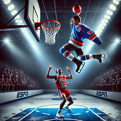 OpenAI illustration of a hockey player wearing number 99 dunking over a basketball player wearing 23, both on skates. The hockey player's left hand is missing.