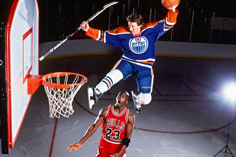 Reve image of a hockey player resembling Wayne Gretzky jumping above a Bulls player resembling Michael Jordan, with a basketball in one hand and a hockey stick in the other.