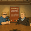 Whimsical illustration of four Double Tap participants seated around a table with microphones and a banner reading 'The podcast where blind people talk tech.'