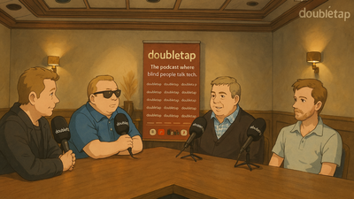 Whimsical illustration of four Double Tap participants seated around a table with microphones and a banner reading 'The podcast where blind people talk tech.'