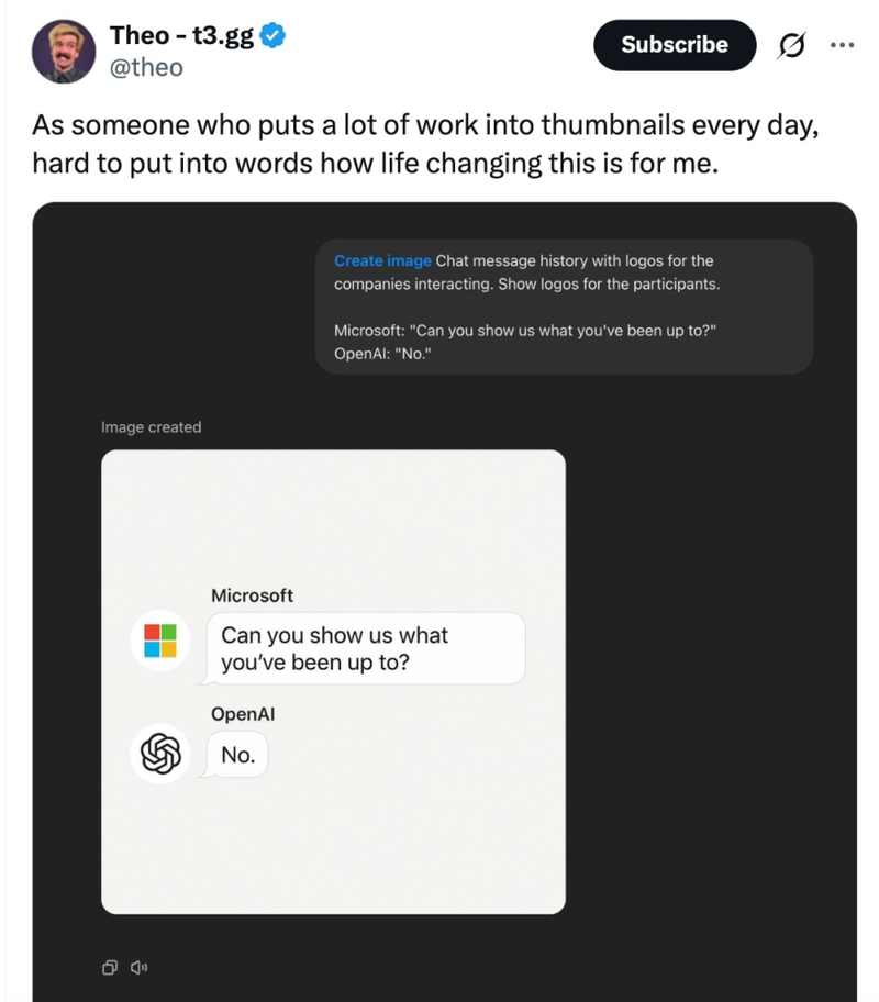 Tweet by Theo (@theo) with the caption: "As someone who puts a lot of work into thumbnails every day, hard to put into words how life changing this is for me." Below the tweet is an image of a user interface showing a mock chat between Microsoft and OpenAI. The prompt at the top says, "Create image Chat message history with logos for the companies interacting. Show logos for the participants." The generated conversation shows Microsoft’s logo next to the message: “Can you show us what you’ve been up to?” and OpenAI’s logo next to the reply: “No.”