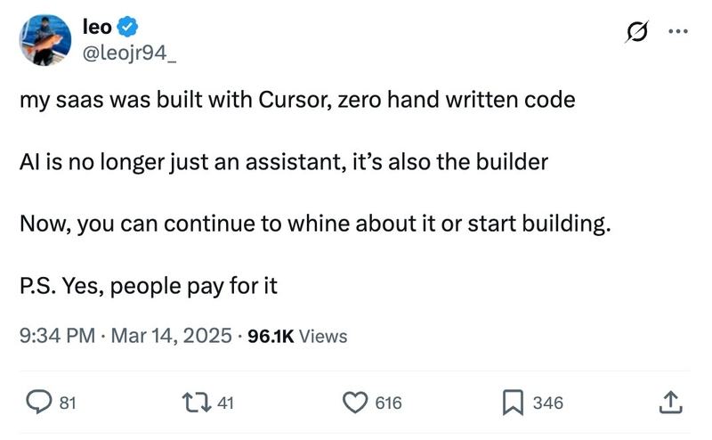 Tweet by user @leojr94_, posted at 9:34 PM on March 14, 2025. The tweet reads: "my saas was built with Cursor, zero hand written code. AI is no longer just an assistant, it’s also the builder. Now, you can continue to whine about it or start building. P.S. Yes, people pay for it". The tweet has 96.1K views, 81 comments, 41 retweets, 616 likes, and 346 bookmarks.